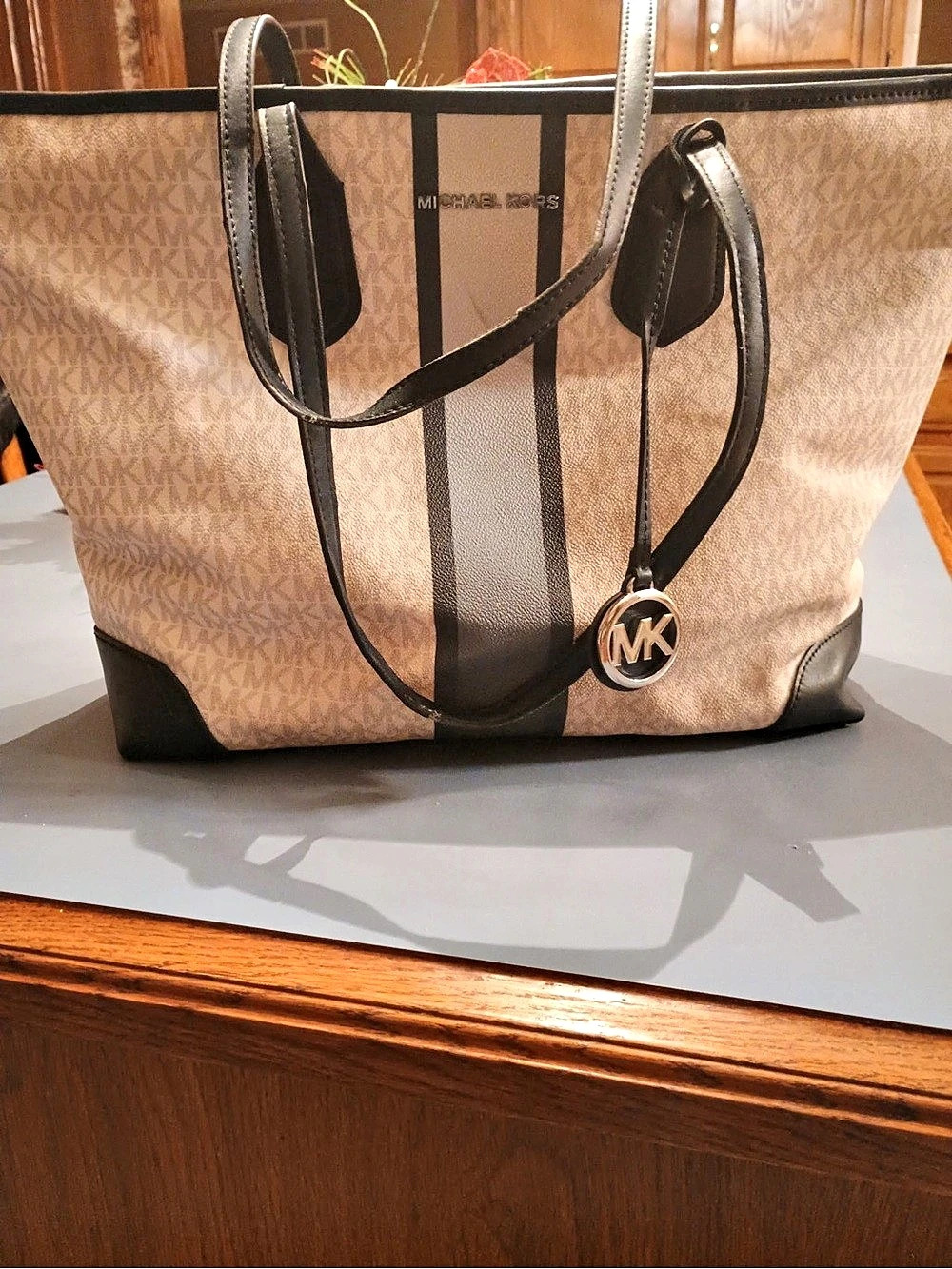 Michael Kors Eva Large Logo Stripe Tote Bag in Brown & Black